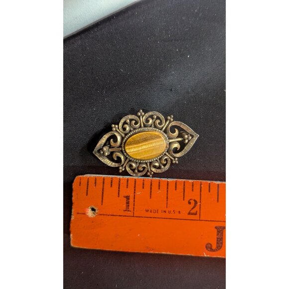 Vintage LG Oval Tigers Eye Filigree Brooch Gold-Tone Floral Pin Estate  2" - Picture 7 of 8